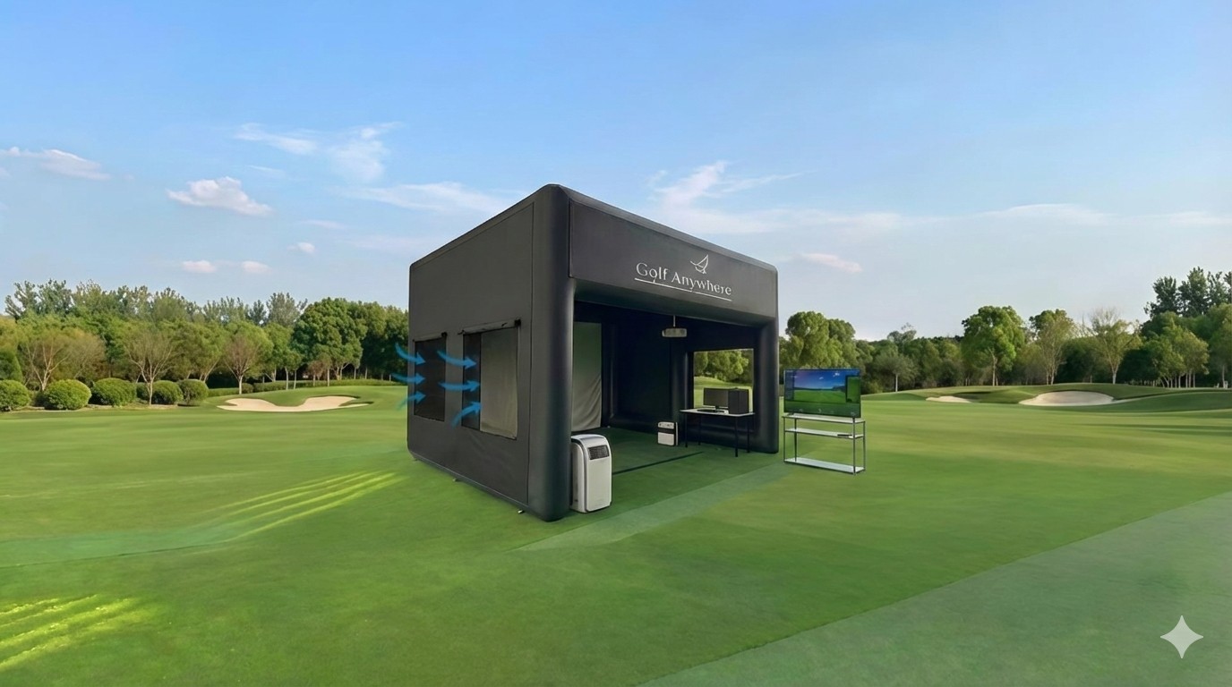 Professional mobile golf simulator setup at an event venue