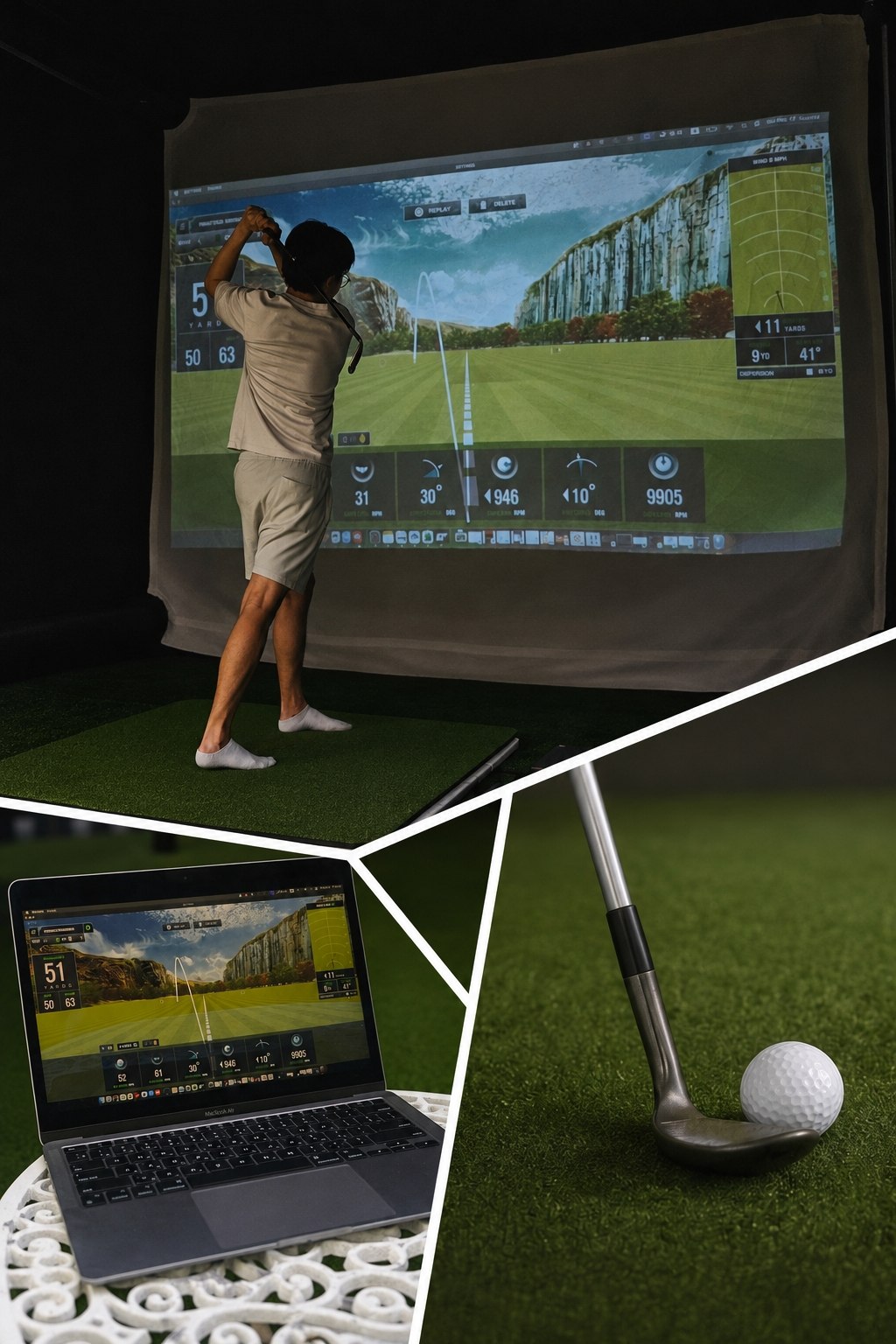 Golf Anywhere simulator experience — swing, tech and gameplay collage